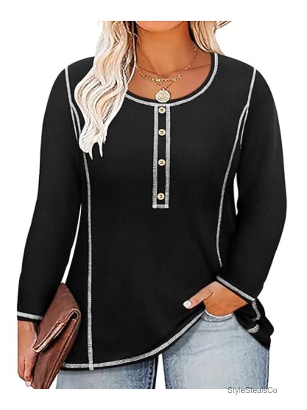 Plus Size Long Sleeve Waffle Knit Tunic V Neck T Shirt Fall Blouse